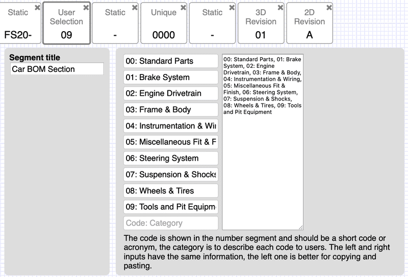 Options for the user selection design numbering segment