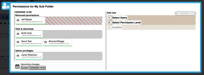 Permissions dialogue showing scheduled permissions