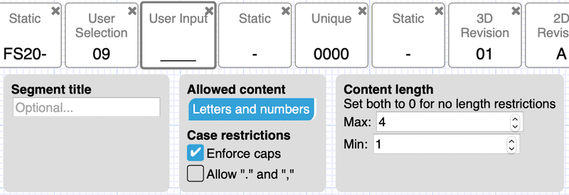 Options for the user input design numbering segment