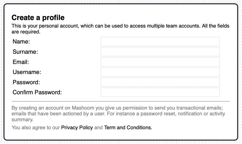 User account creation dialogue for Mashoom